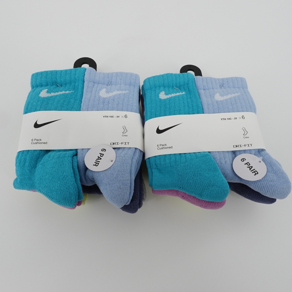 Nike Kids Dri-FIT Cushioned Crew Socks Two 6 Packs 12 Pair Multi XS 10C-3Y NEW